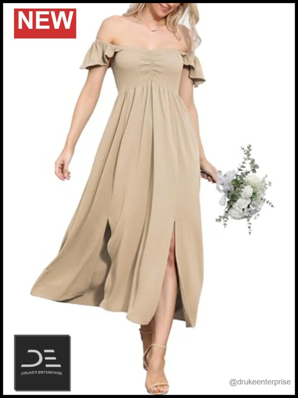 Off Shoulder Smocked Slit Maxi Dress Flutter Sleeves